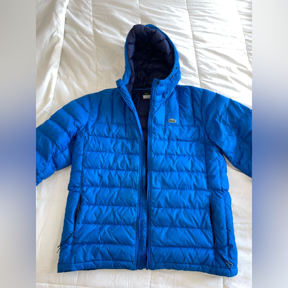 Blue Lacoste Hooded Puffer Jacket
